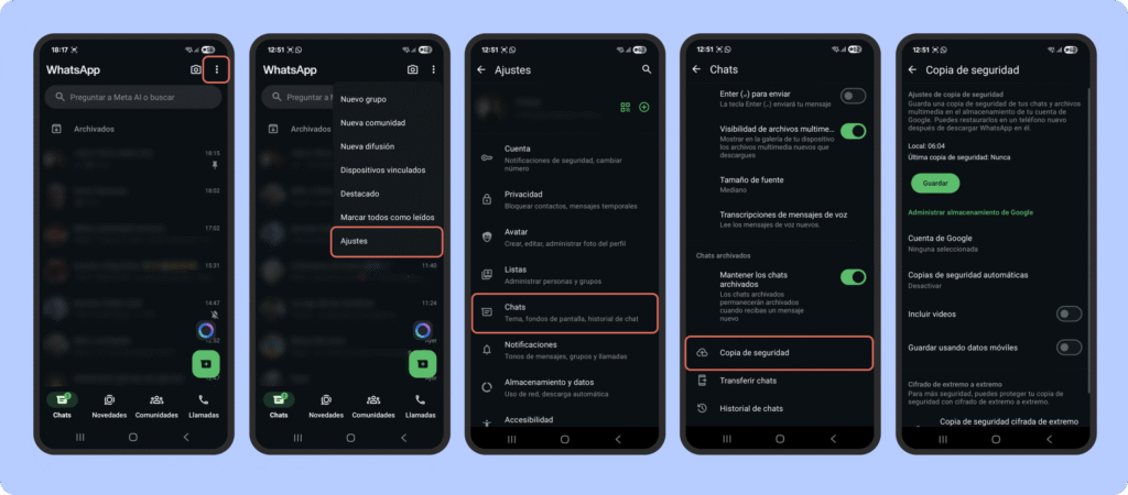 Pasos para hacer una copia de seguridad de WhatsApp en Android: abrir ajustes desde el menú, seleccionar Chats, entrar en Copia de seguridad y configurar opciones en Google Drive para guardar mensajes y archivos multimedia.