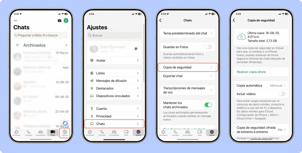 Pasos para hacer copia de seguridad de WhatsApp en iPhone: abrir Ajustes dentro de la app, seleccionar Chats, entrar en Copia de seguridad y activar la opción para guardar historial y archivos en iCloud con copia automática.