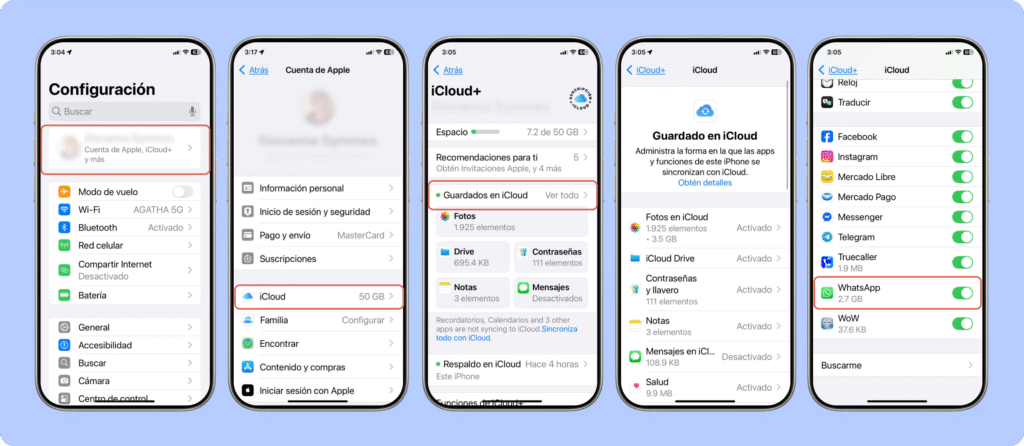Pasos para recuperar mensajes de WhatsApp en iPhone con iCloud: acceder a Configuración, seleccionar cuenta de Apple, entrar en iCloud, activar la opción Guardados en iCloud y comprobar que WhatsApp está habilitado para copias de seguridad.
