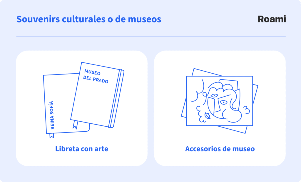 Souvenirs culturales de Madrid: libretas inspiradas en museos como el Prado o Reina Sofía y accesorios de museo con obras de arte icónicas.