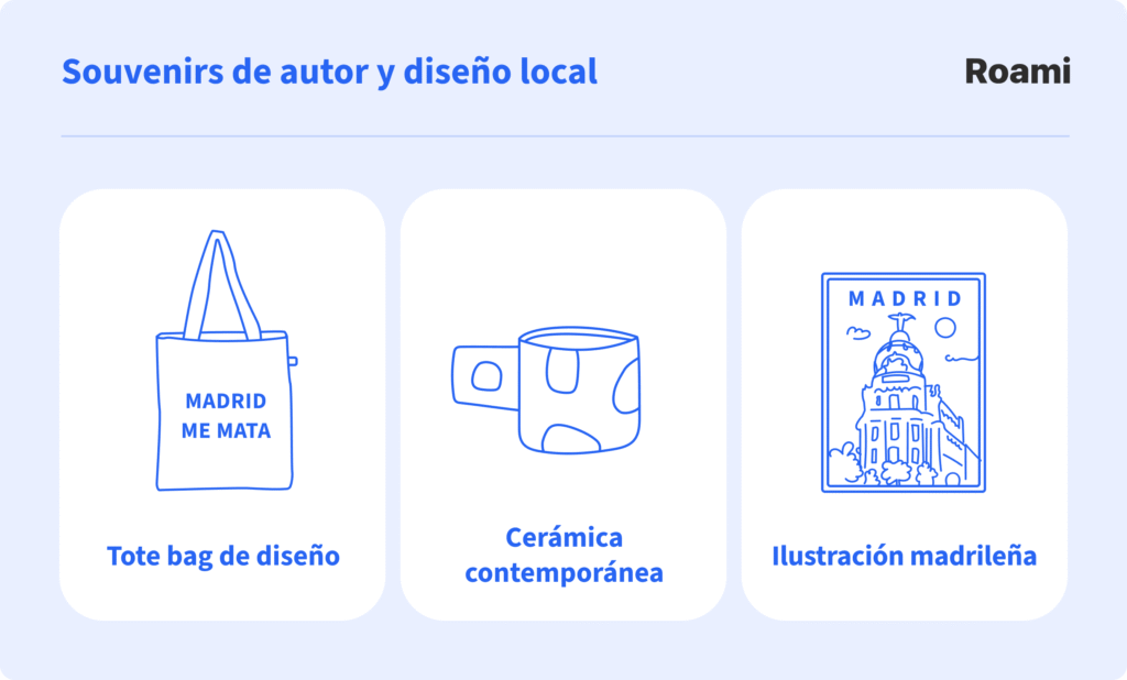 Souvenirs de autor y diseño local en Madrid: tote bag con mensaje ‘Madrid me mata’, cerámica contemporánea artesanal e ilustraciones madrileñas únicas.
