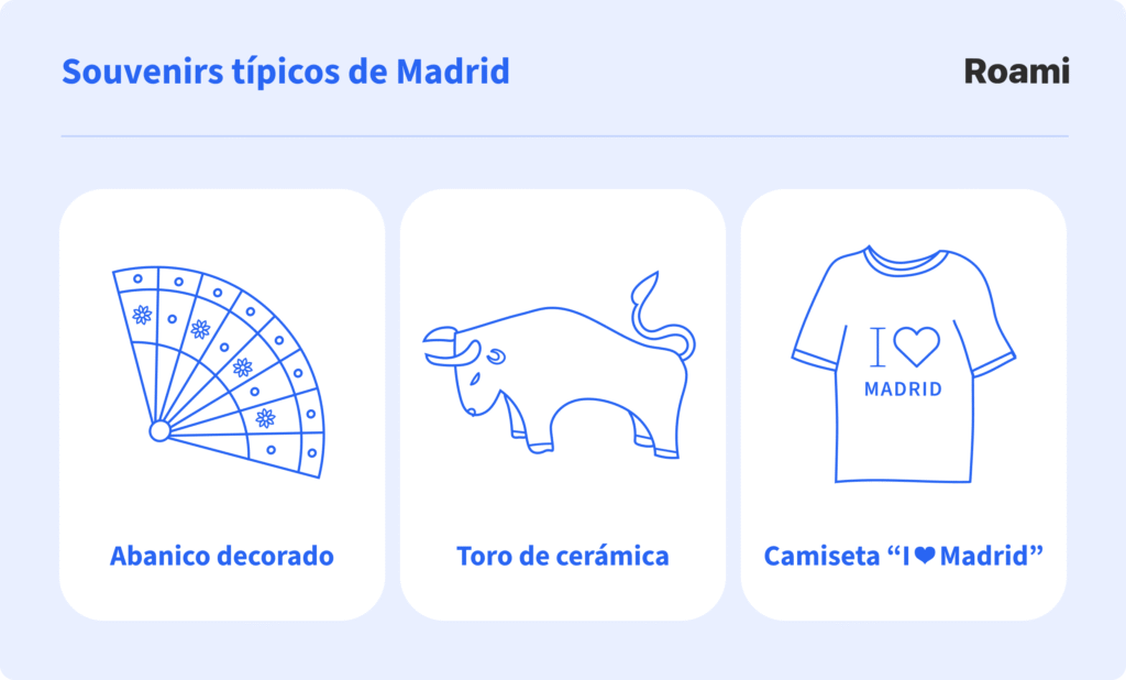 Souvenirs típicos de Madrid ilustrados: abanico decorado, toro de cerámica y camiseta con el mensaje ‘I love Madrid’, los recuerdos más representativos de la capital española.