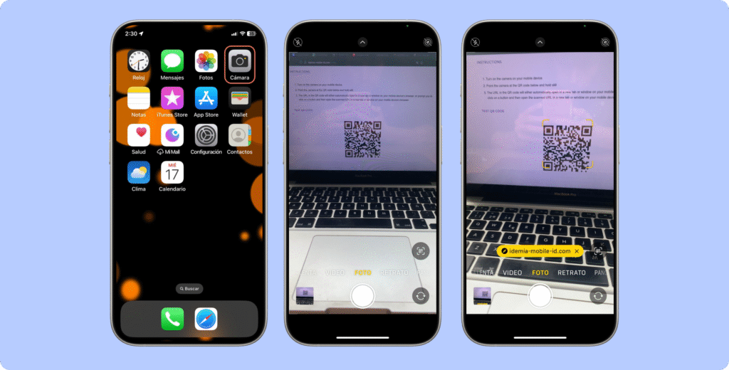 Pasos para escanear un código QR con iPhone: abrir la cámara, enfocar el código y pulsar la notificación emergente para abrir el enlace en Safari.