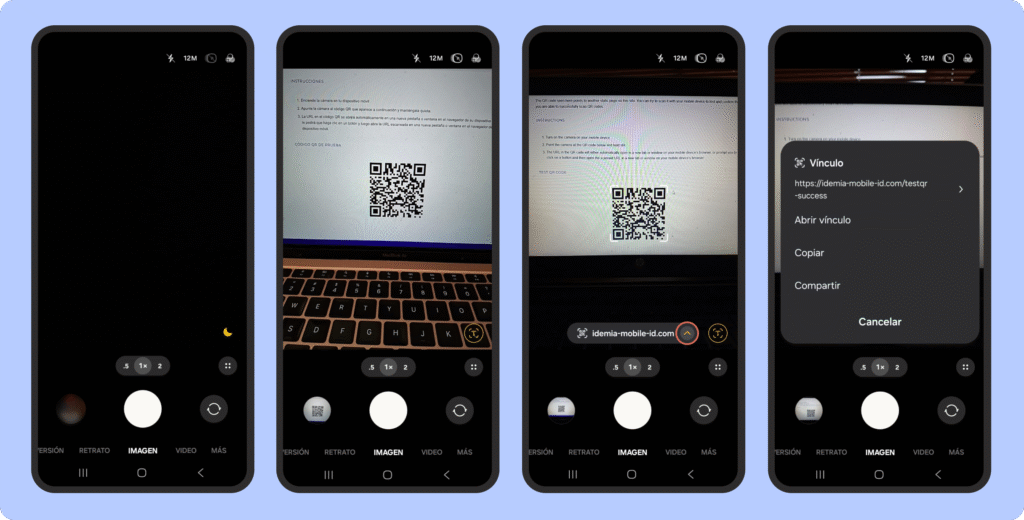 Pasos para escanear un código QR desde el móvil: abrir la cámara, enfocar al código, esperar la lectura automática y seleccionar la opción abrir vínculo, copiar o compartir.