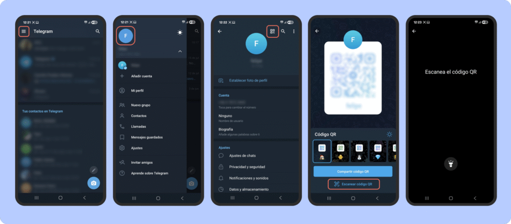 Guía para escanear un código QR en Telegram: acceder al menú de perfil, seleccionar el icono de QR, pulsar escanear código y abrir la cámara para leerlo.