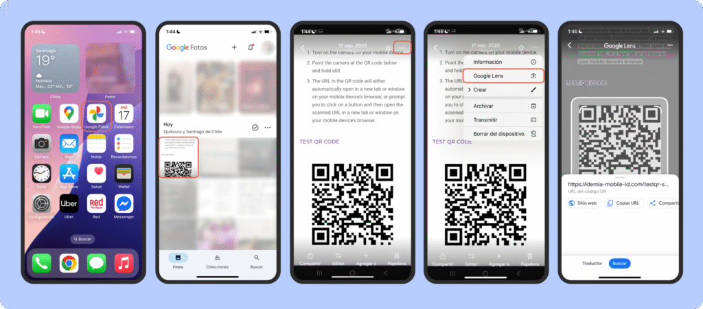 Tutorial para escanear un código QR desde una foto en Android: abrir Google Fotos, seleccionar la imagen con el QR, usar la opción Google Lens y obtener el enlace para abrir, copiar o compartir.