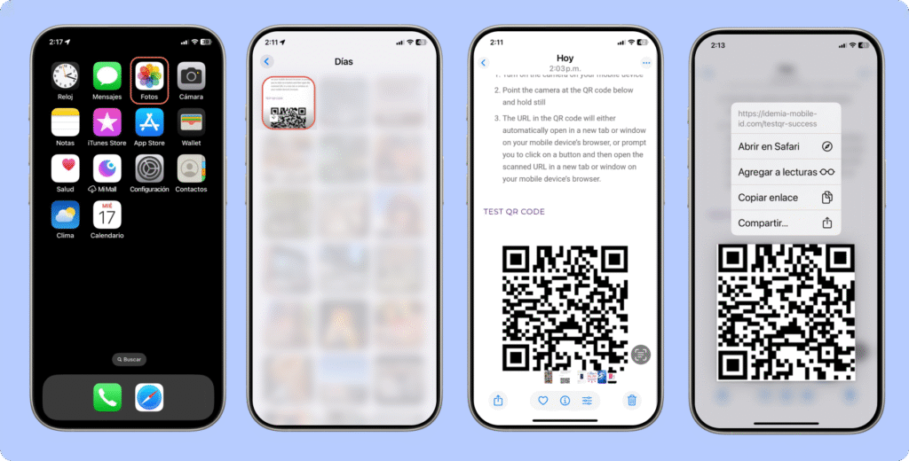 Cómo escanear un código QR desde una foto en iPhone: abrir la app Fotos, seleccionar la imagen con el QR, usar el lector integrado y elegir entre abrir en Safari, copiar enlace o compartir.