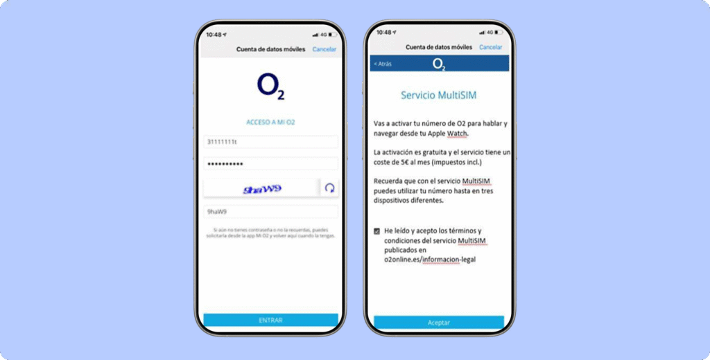 Captura de pantalla del proceso de activación del servicio MultiSIM de O2 para Apple Watch. La primera imagen muestra el inicio de sesión en la cuenta "Mi O2" con usuario, contraseña y captcha. La segunda imagen explica que se activará el número O2 en el reloj, con un costo mensual de 5 € e impuestos incluidos. Se destaca que el servicio MultiSIM permite usar el mismo número en hasta tres dispositivos y se requiere aceptar los términos y condiciones.