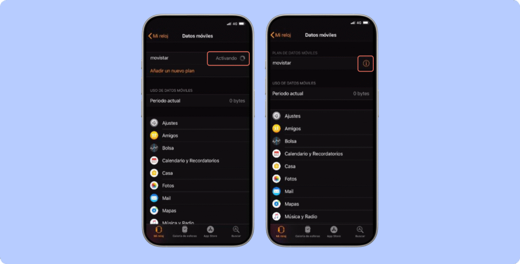 Captura de pantalla del Apple Watch conectado a la red O2. En la primera imagen, aparece el estado "Activando" junto al operador "Movistar" en el menú de Datos móviles; en la segunda, el plan ya figura como activo. Ambas pantallas muestran el uso de datos móviles y las apps que pueden consumir datos en el reloj. Fondo azul claro, diseño oscuro del sistema operativo.