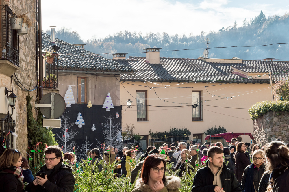 Una calle del pueblo de Espinelves (Cataluña) durante un mercado navideño. La calle está llena de personas abrigadas paseando entre árboles de Navidad decorados. Al fondo, se ven casas de piedra y fachadas decoradas con árboles navideños hechos de vasos plásticos. Las montañas arboladas se elevan en el horizonte bajo un cielo ligeramente nublado.