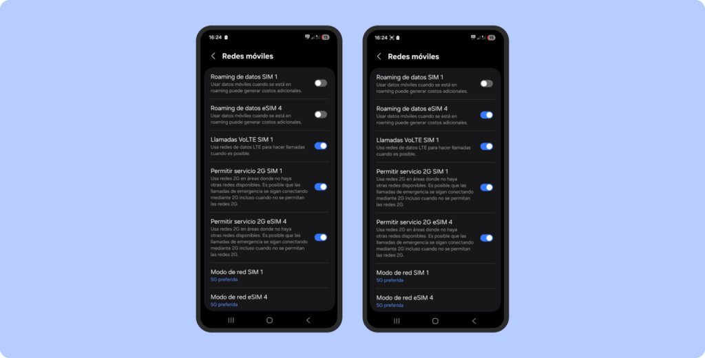 Pasos de cómo se activó el roaming de la tarjeta eSIM Airalo