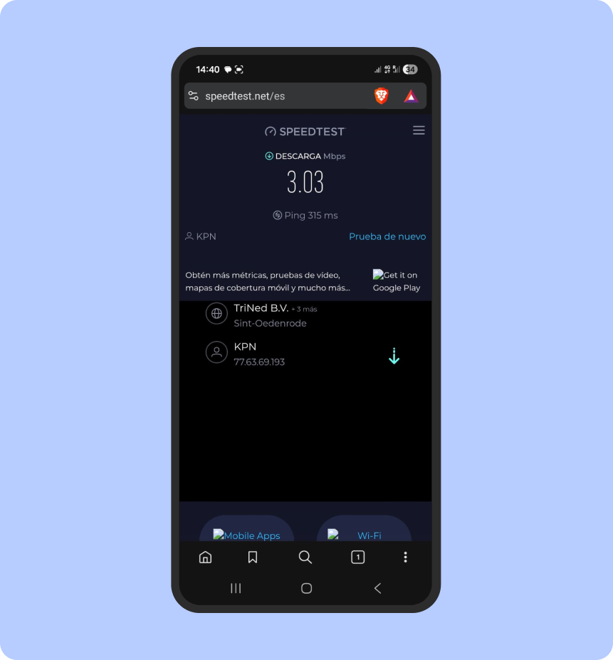 Test de velocidad de eSIM Airalo en movimiento (viaje en bus), con una velocidad de descarga de 3.03 y ping de 315 ms.