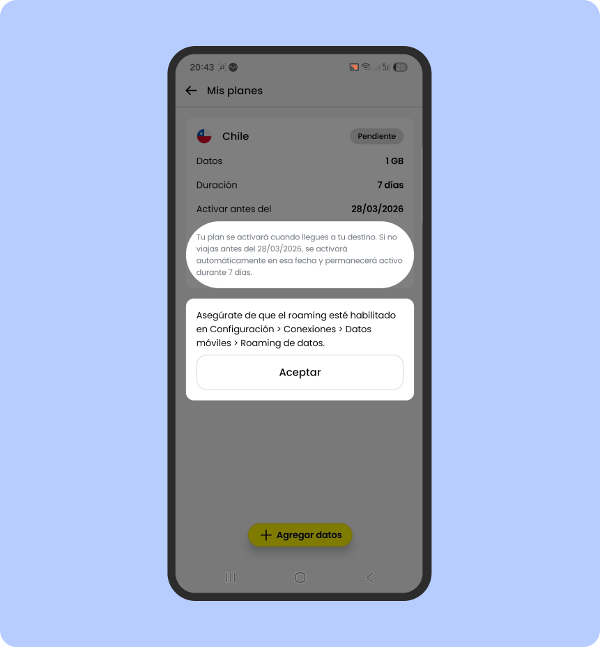 Advertencia de eSIM Saily al instalar la SIM virtual: "asegúrate de que el roaming esté habilitado" y da la instrucción de dónde ir en configuración. 