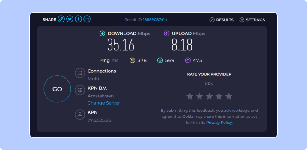 Prueba de velocidad del hotspot con eSIM Airalo: download 35.16 y upload 8.18.