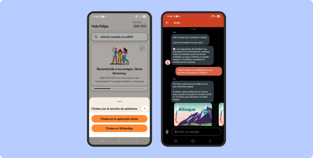 Instrucciones de cómo acceder al soporte de Airalo eSIM via App. 