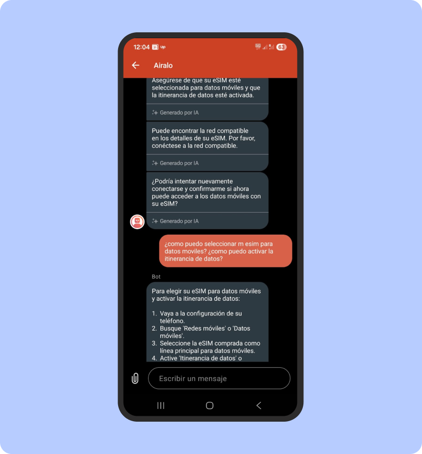 Chat con soporte de Airalo eSIM, una prueba real de cómo funciona el servicio al cliente.
