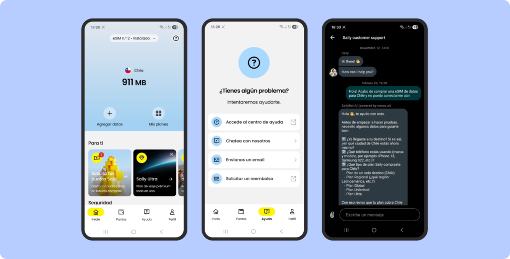 Instrucciones de cómo acceder a la atención a cliente de eSIM Saily y prueba de contacto via Whatsapp