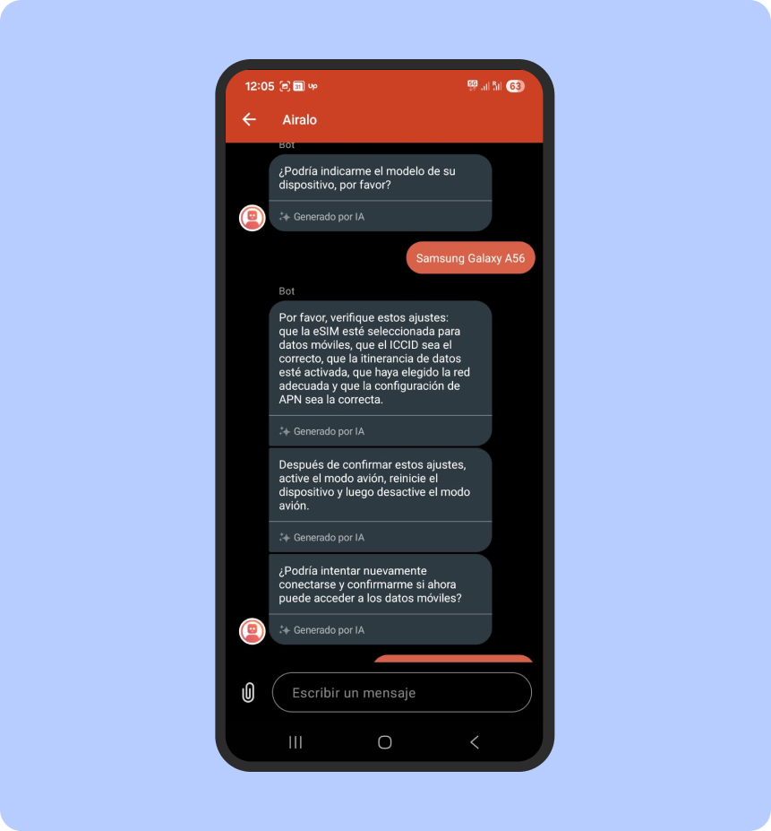 Chat con soporte de Airalo eSIM, una prueba real de cómo funciona el servicio al cliente.