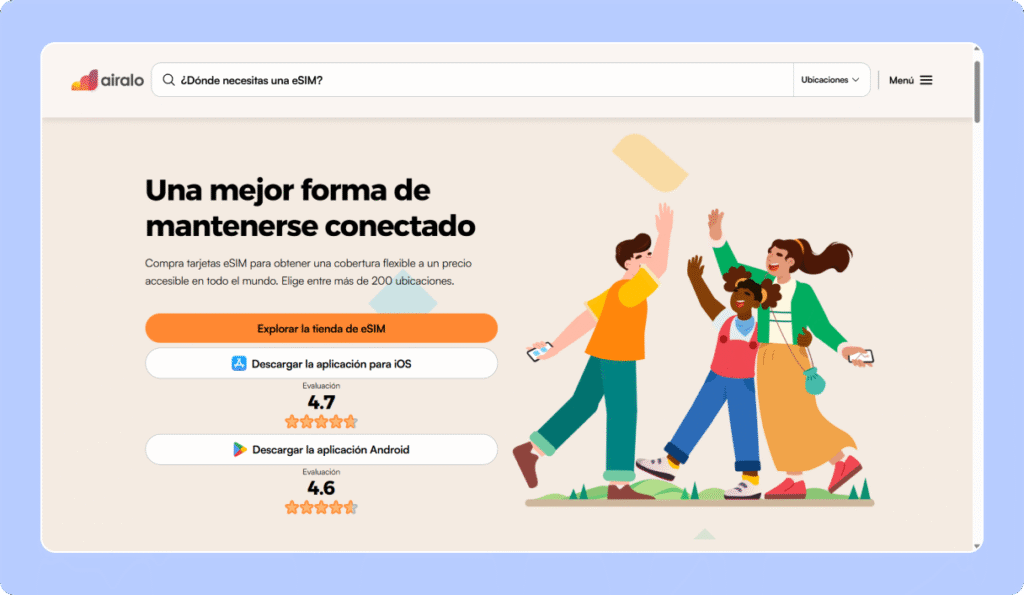 Pantallazo de la página inicial de Airalo que tiene el buscador de países 