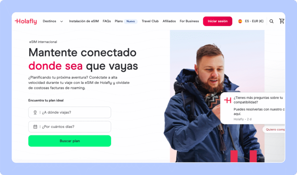 Pantallazo de la página inicial de Holafly que tiene el buscador de países y días