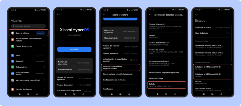 Pantallazos de cómo acceder a saber el número de chip en Android