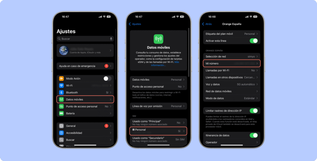 Pantallazos para acceder a cómo saber el número del chip en iPhone