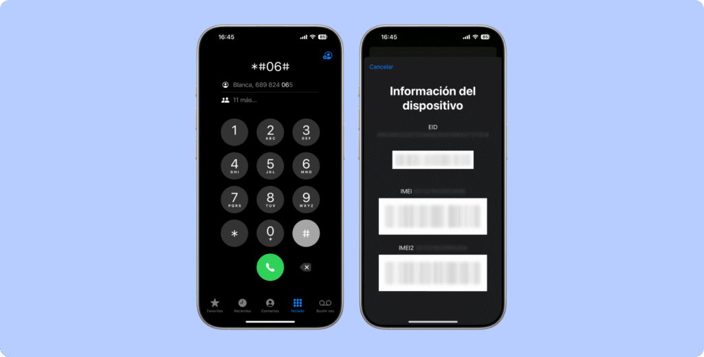 Pantallazos del iPhone con información de ICCID y cómo acceder a ello. 