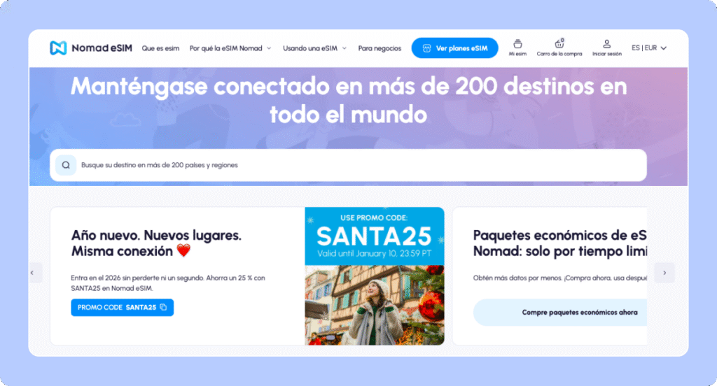 Pantallazo de la página inicial de Nomaf que tiene el buscador de países 