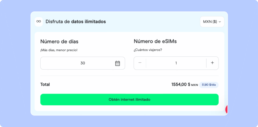 Plan de Holafly por Asia de 1554 pesos mexicanos por 30 días. 