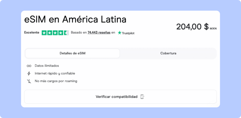 Costo de Holafly regional (América Latina) de 204$MXN 