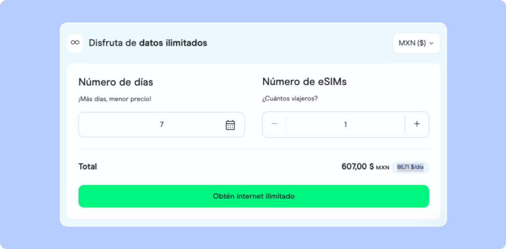 Precio de Holafly por 7 días (607$MXN)
