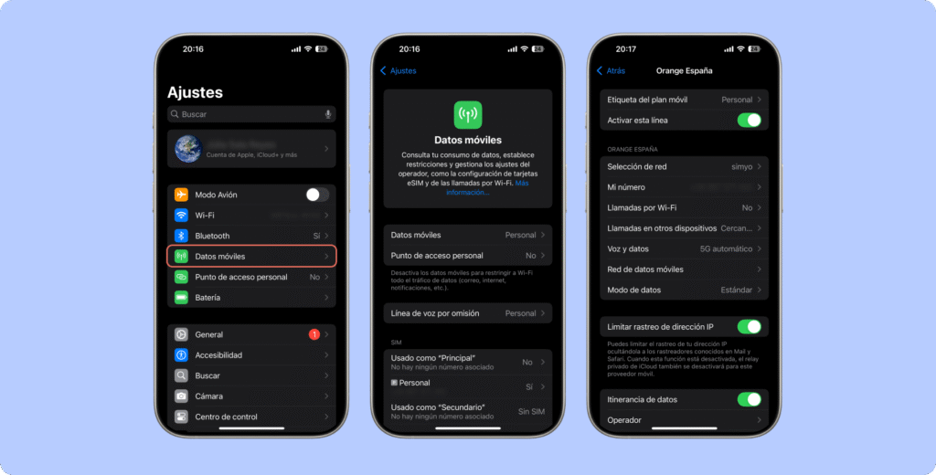 Infografía con pantallazos de teléfono de cómo saber si un chip quedó activo desde datos móviles