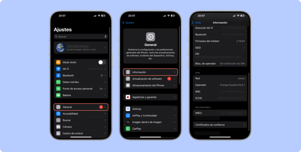 Capturas de pantalla de un iPhone mostrando la ruta en Ajustes > General > Información para encontrar el ICCID del chip Telcel.