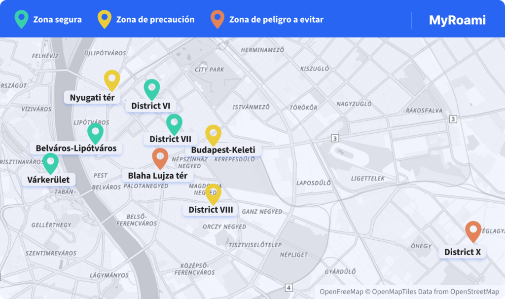 Mapa de Budapest que indica zonas seguras (en verde), zonas amarillas (donde tener más precaución) y zonas rojas a evitar.