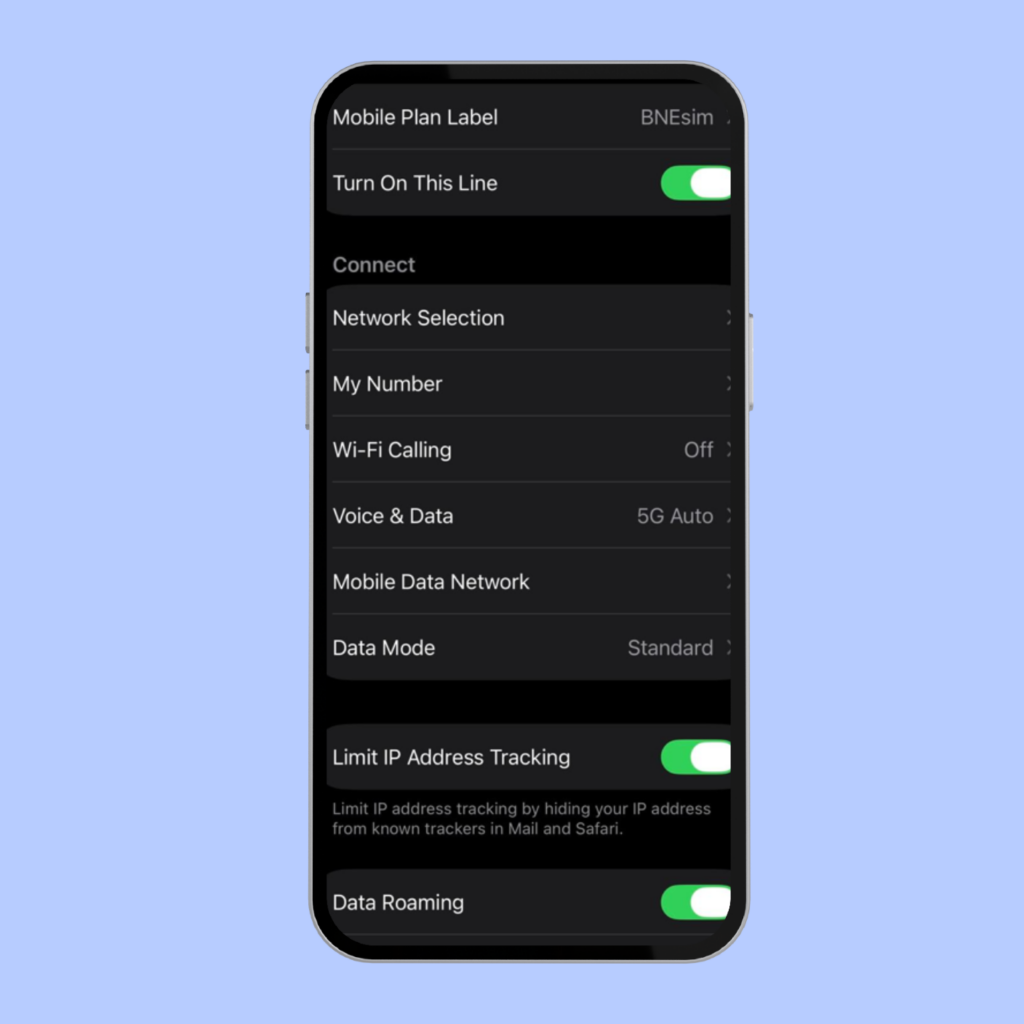 Pantalla de configuración de datos móviles en un iPhone: línea “BNEsim” activada, opciones de red (selección de red, voz y datos en 5G Auto, modo de datos estándar), Wi-Fi Calling desactivado y roaming de datos habilitado.