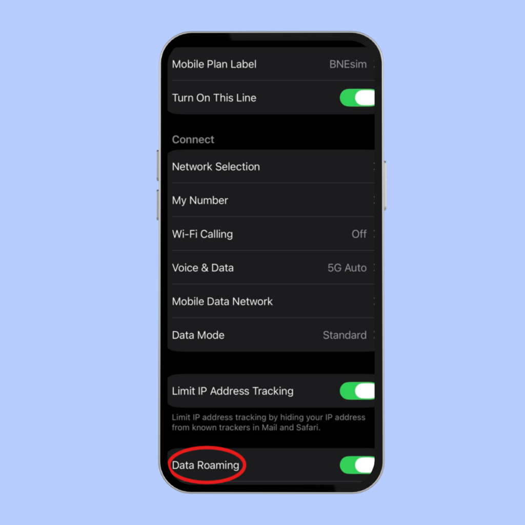 antalla de configuración de datos móviles en iPhone con la línea “BNEsim” activada, opciones de red (5G Auto, modo estándar) y el roaming de datos encendido, resaltado con un círculo rojo.