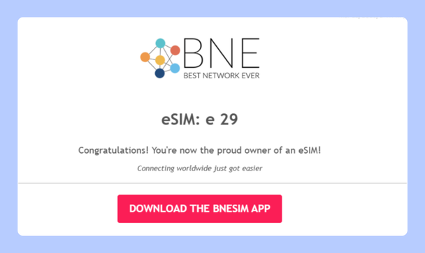 Pantalla de confirmación de BNESIM con el texto “eSIM: €29”, mensaje de felicitación por la compra y botón para descargar la app BNESIM.