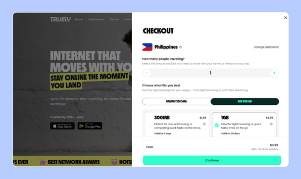 Pantalla de compra de un plan eSIM para Filipinas en la página web de Truely, con opciones de datos móviles, cantidad de viajeros y botón de continuar al checkout.
