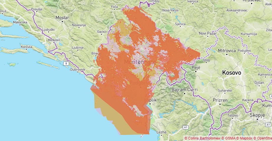Carte de la couverture 3G et 4G de l'opérateur Crnogorski Telekom au Monténégro. . Source : GSMA