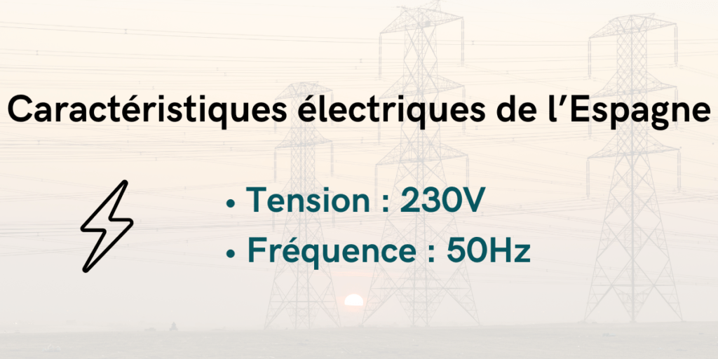 Caractéristiques électriques en Espagne&nbsp;: 230V, 50Hz