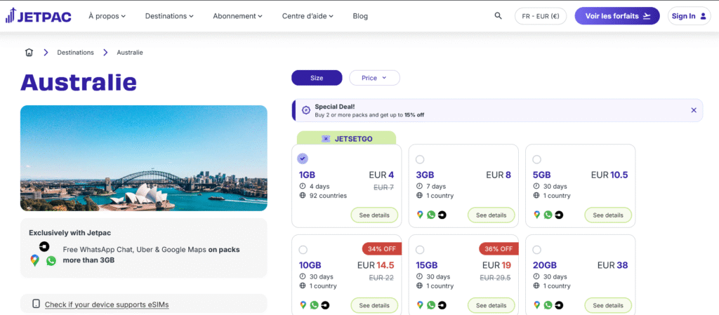 Fournisseurs eSIM Australie&nbsp;: Jetpac