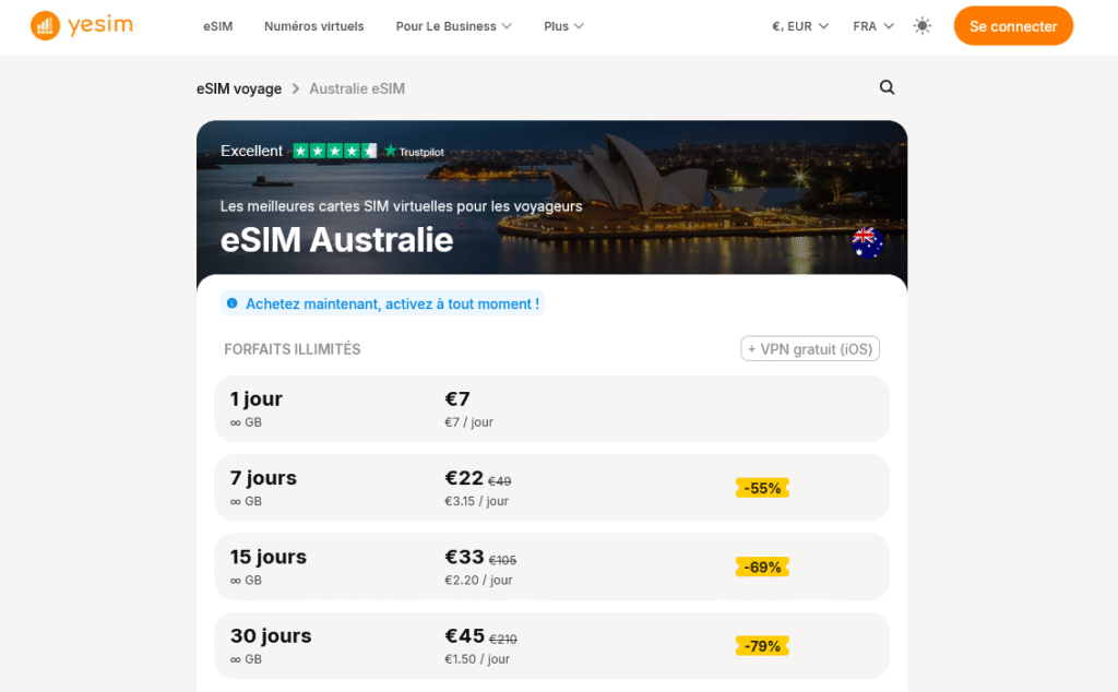 Fournisseurs eSIM Australie&nbsp;: Yesim
