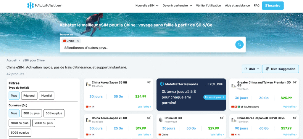 Fournisseurs eSIM Chine&nbsp;: MobiMatter