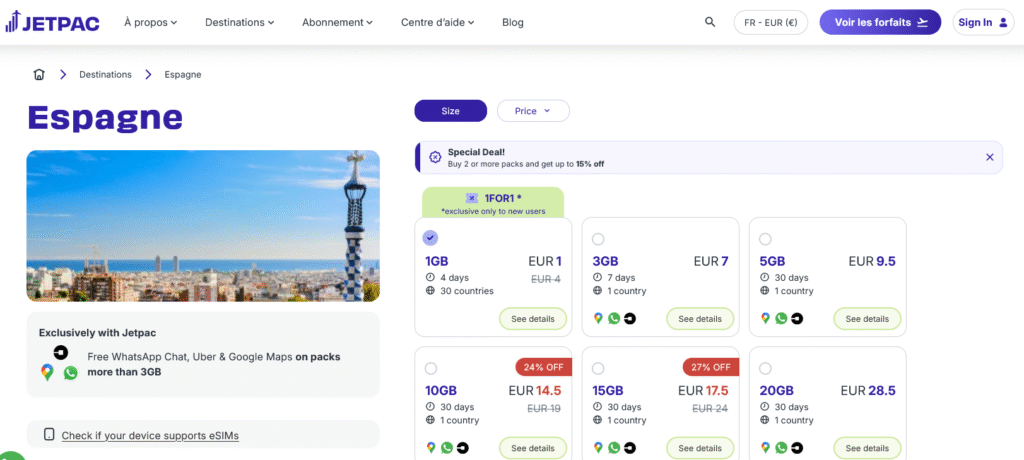 Fournisseurs eSIM Espagne&nbsp;: Jetpac