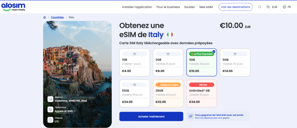 Fournisseurs eSIM Italie&nbsp;: aloSIM