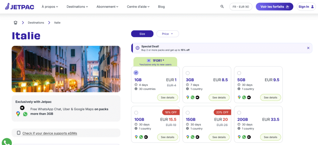 Fournisseurs eSIM Italie&nbsp;: Jetpac
