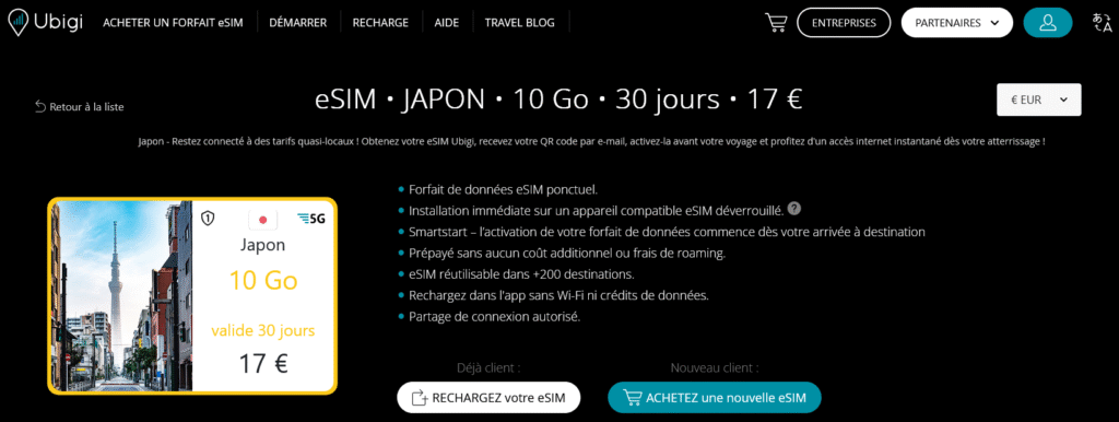 Fournisseurs eSIM Japon&nbsp;: Ubigi