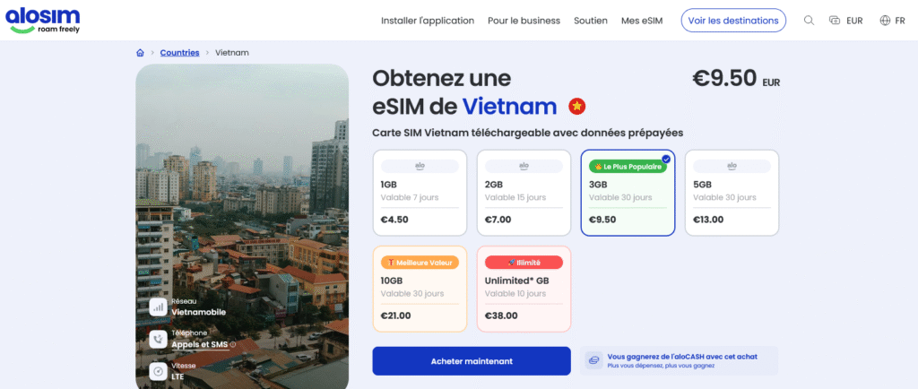 Fournisseurs eSIM Vietnam&nbsp;: aloSIM