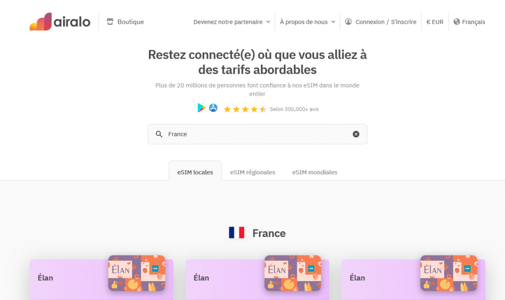 Page d’accueil d’Airalo – eSIM France