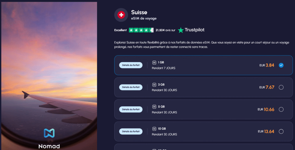 Nomad eSIM Suisse – forfaits flexibles et couverture fiable via Swisscom et Sunrise